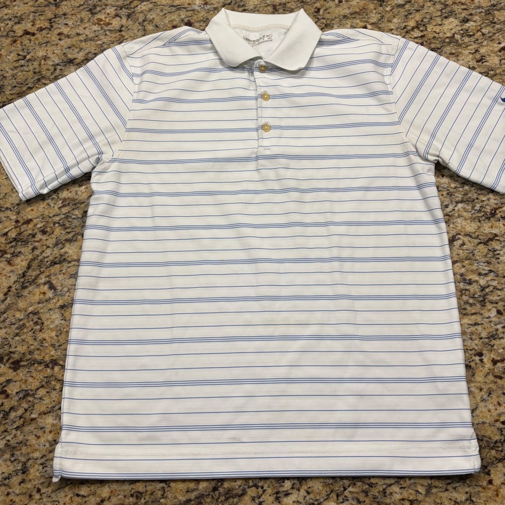 Nike Golf Mens NikeFit Dry‎ Striped Polo Shirt White Blue Small Short Sleeve